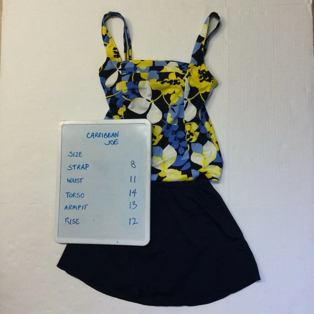 Caribbean Joe 2 Piece Swimsuit Floral Top Skirt‎ Bottom Solid Color Navy Sz Sm